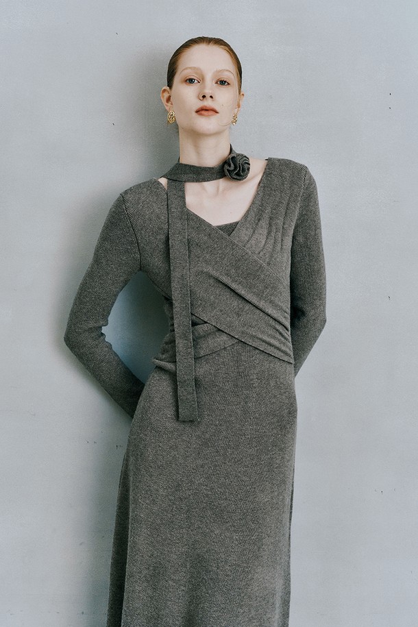 itte - 긴소매 원피스 - IT_V-neck cross scarf knit dress