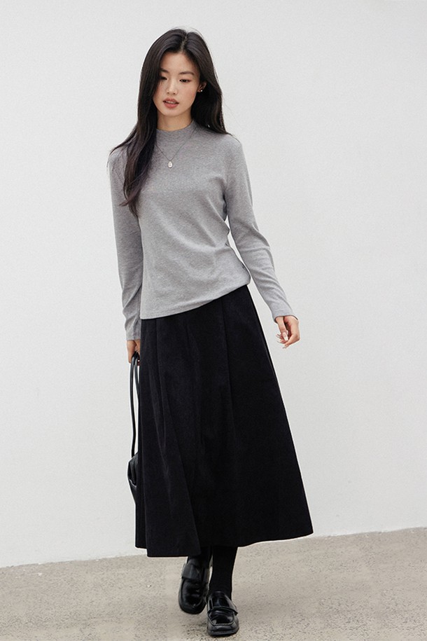 LANGSON - 롱스커트 - LS_Corduroy simple black skirt