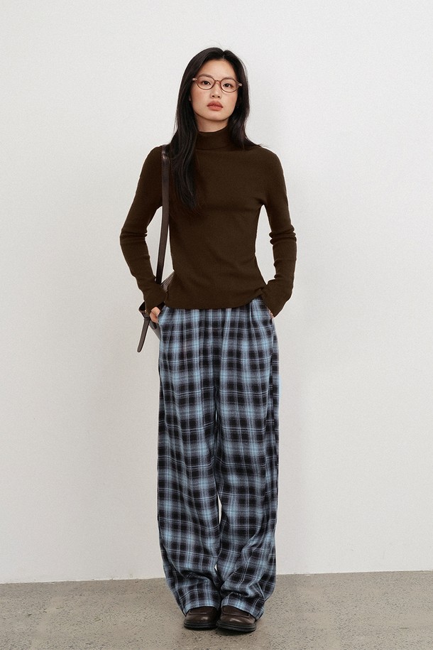 LANGSON - 롱/미디팬츠 - LS_Casual blue check banding pants