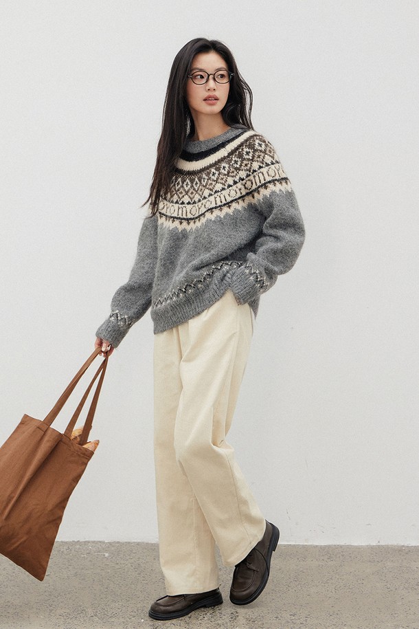 LANGSON - 스웨터 - LS_Fair Isle crew neck knit sweater