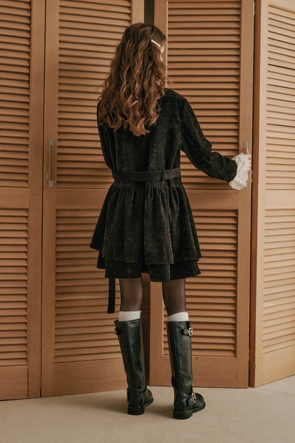 DUNDROP - 긴소매 원피스 - DD_Black velvet double lace sleeve dress