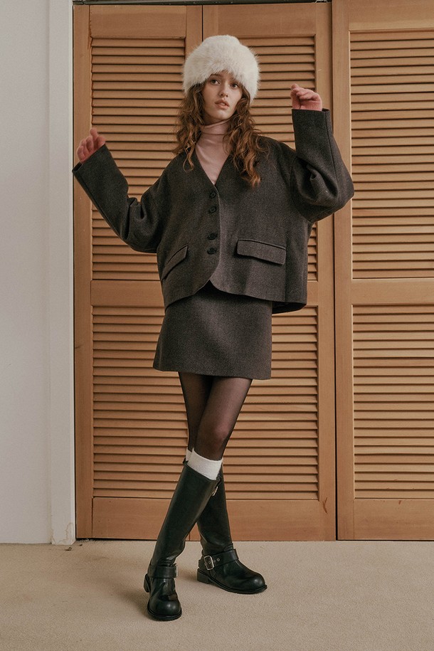 DUNDROP - 셋업 - DD_V-neck jacket skirt set_GRAY