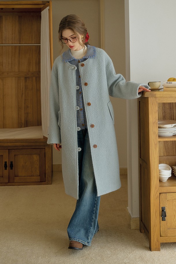 Simple Retro - 코트 - SR_Scarf set casual coat_BLUE