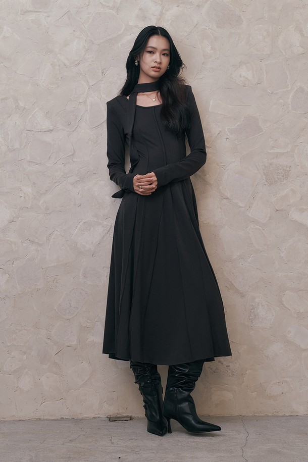 itte - 긴소매 원피스 - IT_Charcoal vertical stitching dress