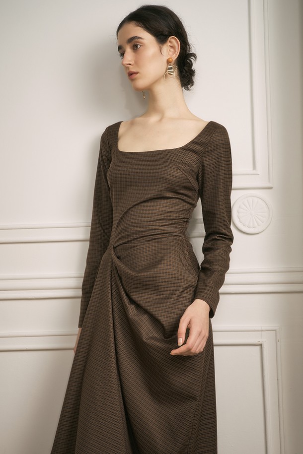 YYIAM - 원피스 - YY_Check square neck unbalance dress