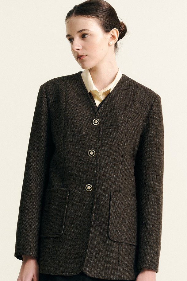 WE'DEE - 자켓 - WD_Plaid collarless suit jacket