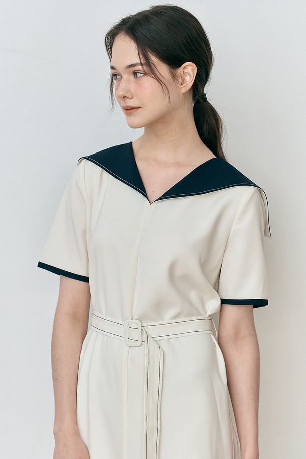 WE'DEE - 반소매 원피스 - WD_Navy collar balted dress