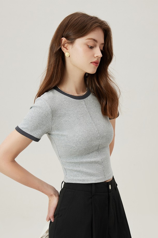 WE'DEE - 반소매 티셔츠 - WD_Contrast color slim cropped top