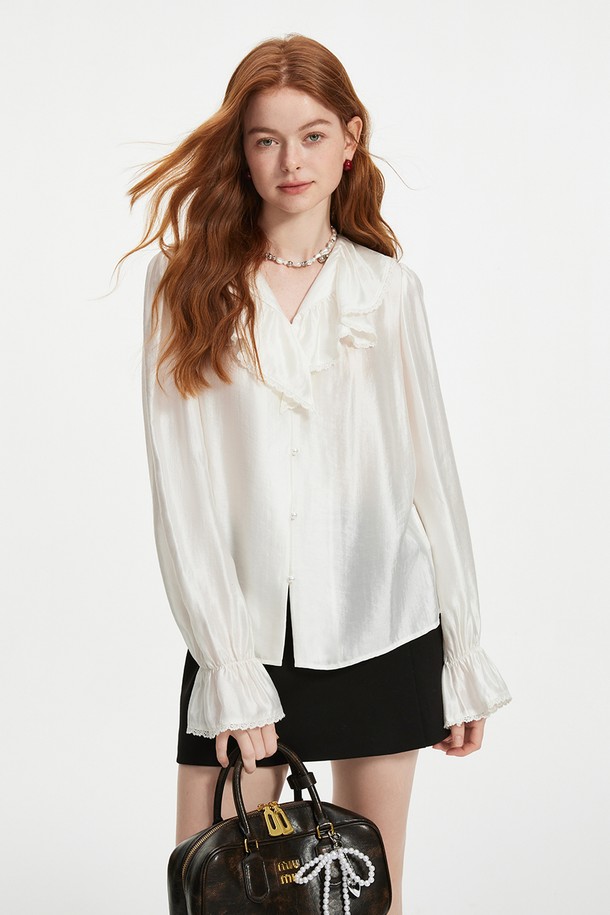 WE'DEE - 셔츠 - WD_Pearl ruffled v-neck shirt