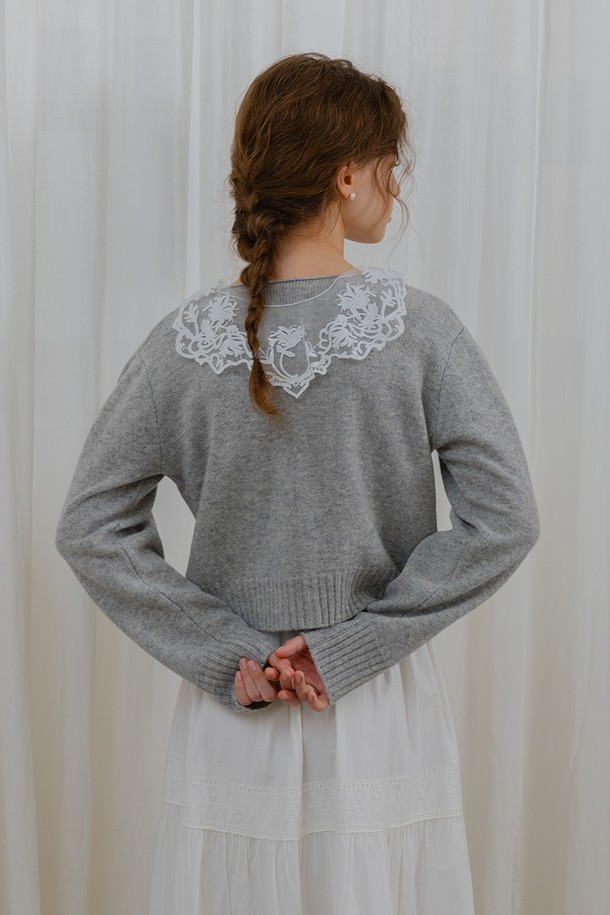 DUNDROP - 가디건 - DD_Lace neck gray cardigan