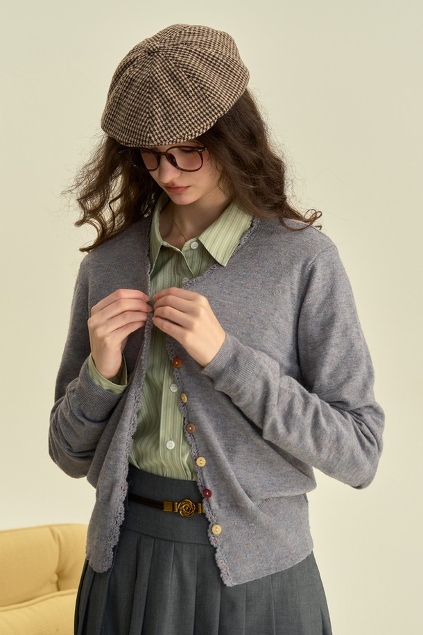 Simple Retro - 가디건 - SR_V-neck knit gray cardigan