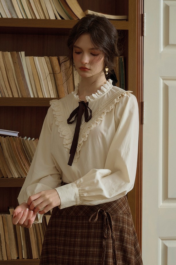 Simple Retro - 셔츠 - SR_Ribbon lace collar shirt