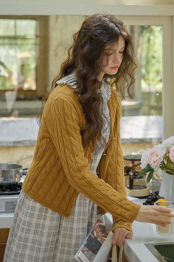 Simple Retro - 가디건 - SR_Wool cable knit cardigan_YELLOW