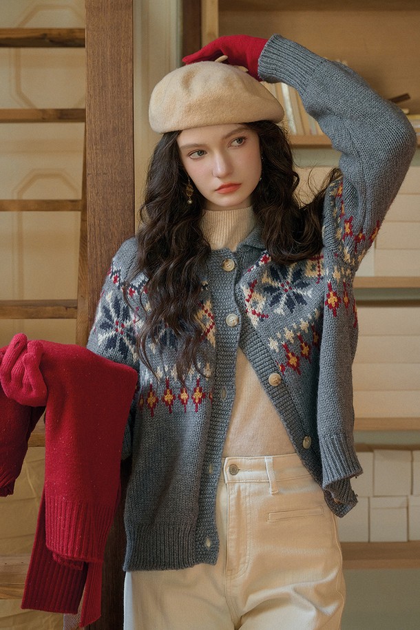 Simple Retro - 가디건 - SR_Fair isle wool gray knit cardigan