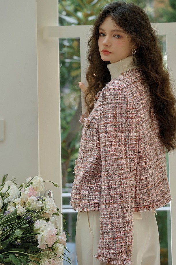 Simple Retro - 자켓 - SR_Cropped wool pink tweed jacket