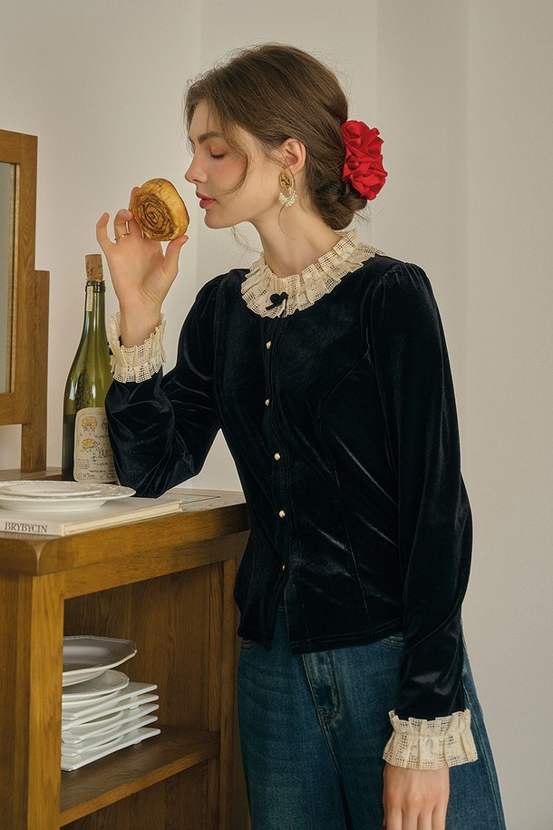 Simple Retro - 가디건 - SR_Lace collar velvet cardigan