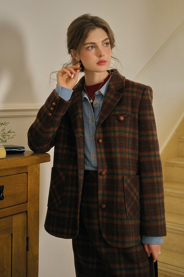 Simple Retro - 자켓 - SR_Vintage brown plaid blazer