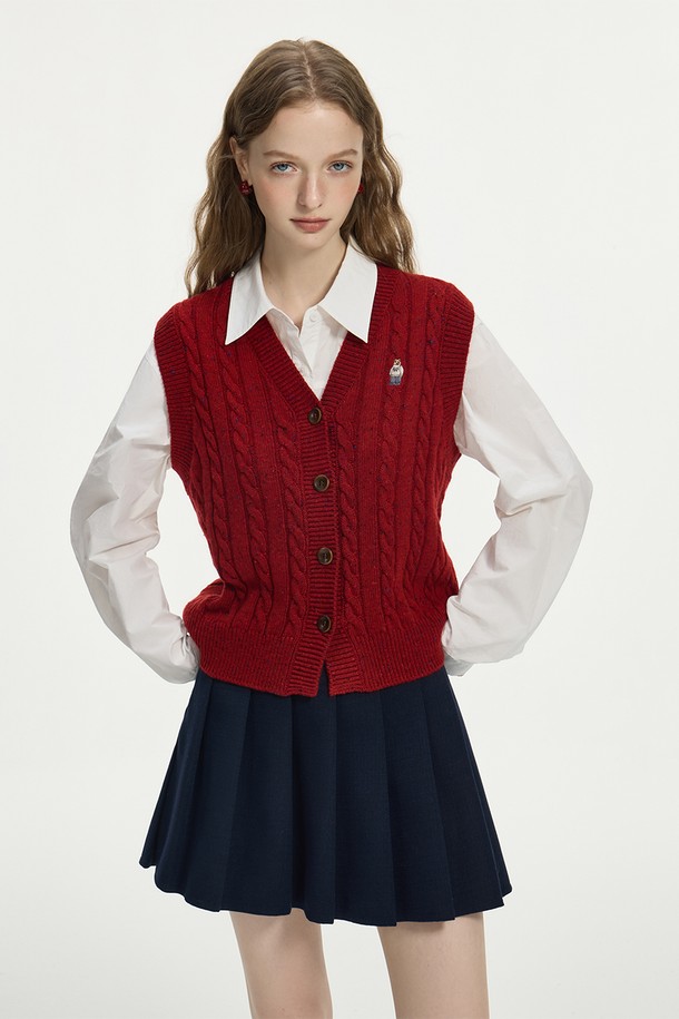 WE'DEE - 베스트 - WD_Bear embroidery cable vest_RED