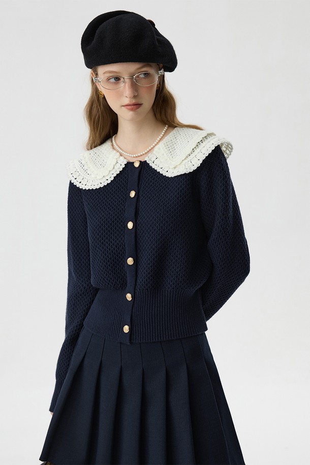 WE'DEE - 니트 / 가디건 - WD_Lace lapel cardigan_NAVY