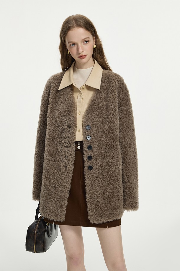 WE'DEE - 자켓 - WD_Loose V-neck fur jacket_BROWN