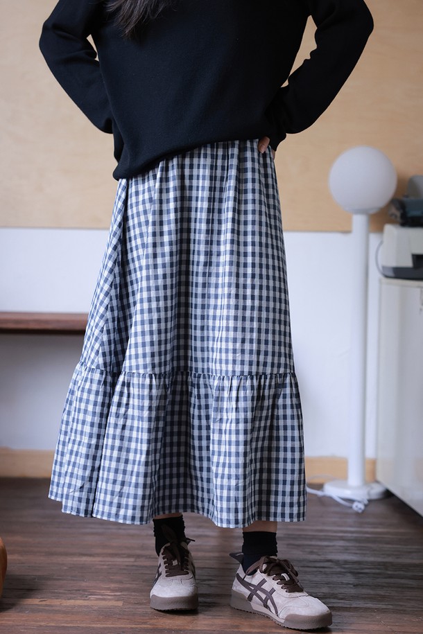 LANGSON - 롱스커트 - LS_A-line blue plaid flared skirt