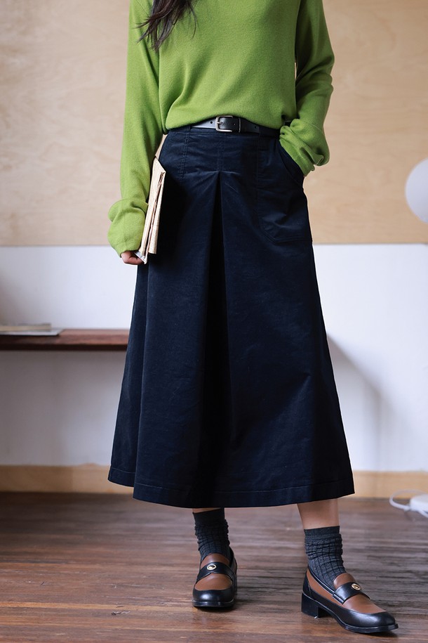 LANGSON - 롱스커트 - LS_Corduroy a-line navy skirt