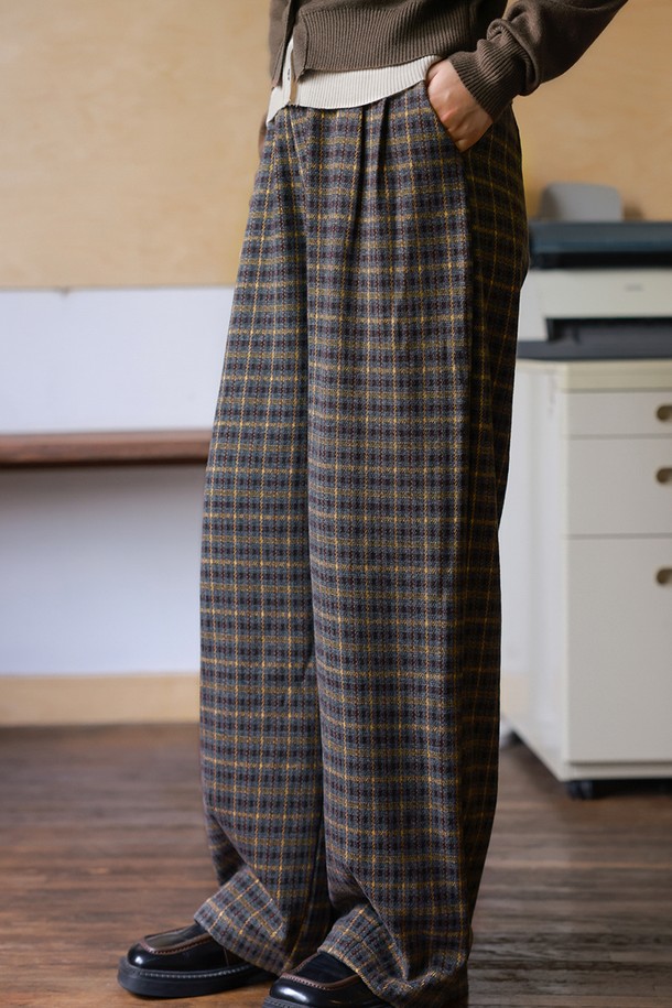 LANGSON - 롱/미디팬츠 - LS_Plaid wide fit long pants