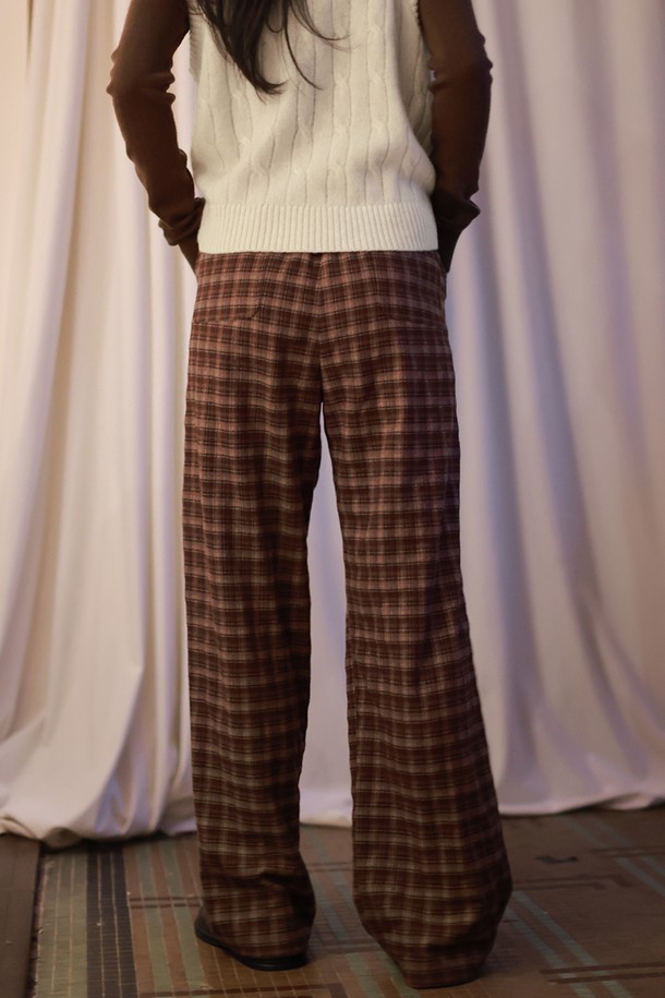 LANGSON - 롱/미디팬츠 - LS_Plaid wide-leg banding pants