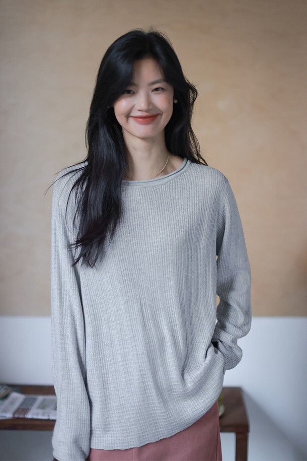 LANGSON - 스웨터 - LS_Round neck gray loose knit top