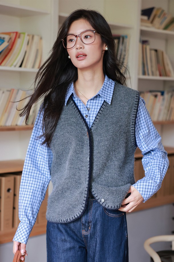 LANGSON - 베스트 - LS_Loose gray button knit vest