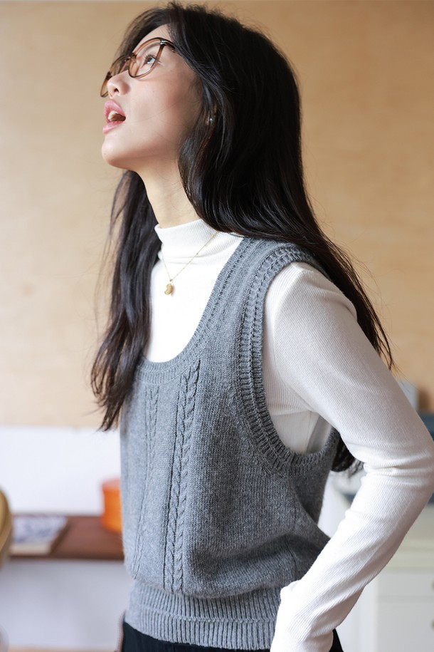 LANGSON - 베스트 - LS_U-neck gray knitted vest