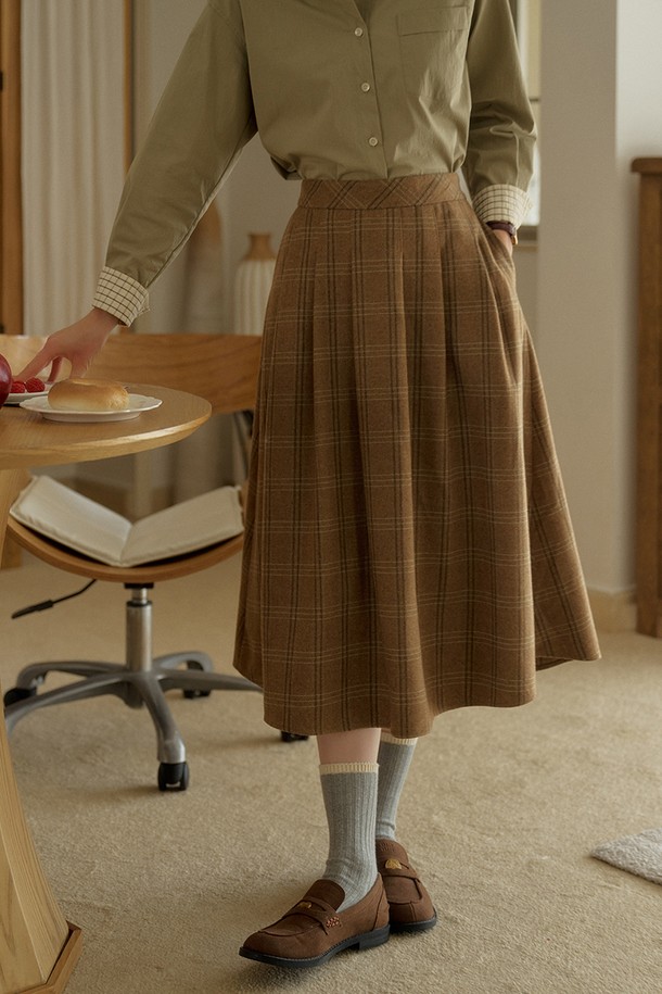 Simple Retro - 롱스커트 - SR_Diagonal plaid wool skirt