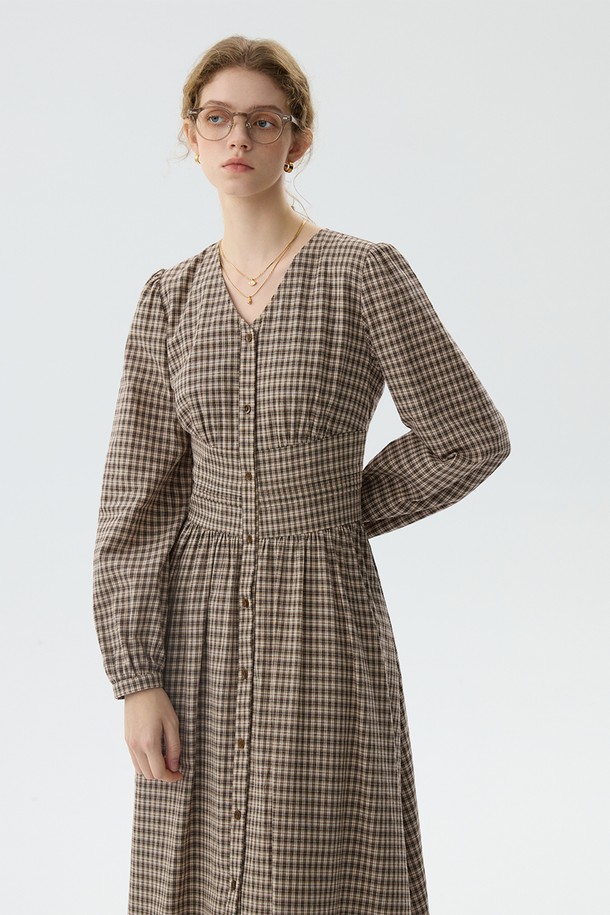 WE'DEE - 긴소매 원피스 - WD_Plaid button up v-neck dress