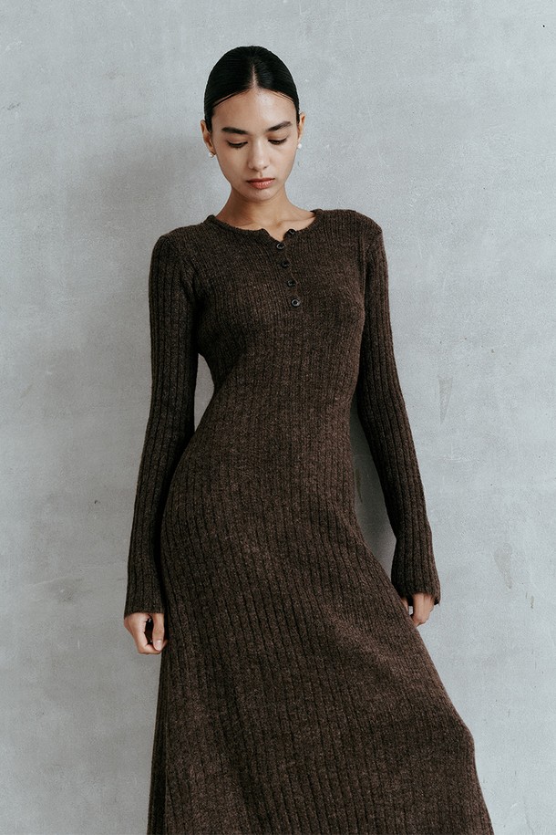 itte - 긴소매 원피스 - IT_Slim fit button knit dress_BROWN