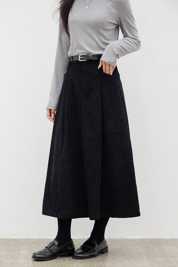 LANGSON - 롱스커트 - LS_Corduroy simple black skirt