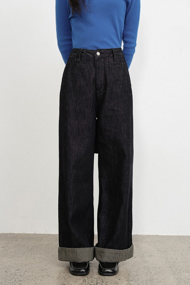 LANGSON - 롱/미디팬츠 - LS_Stripe roll-up denim pants