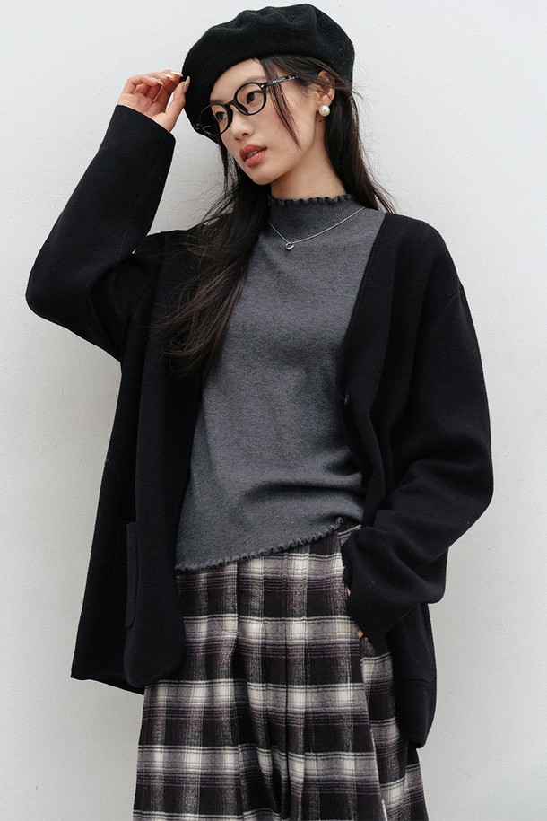 LANGSON - 가디건 - LS_V-neck loose black cardigan