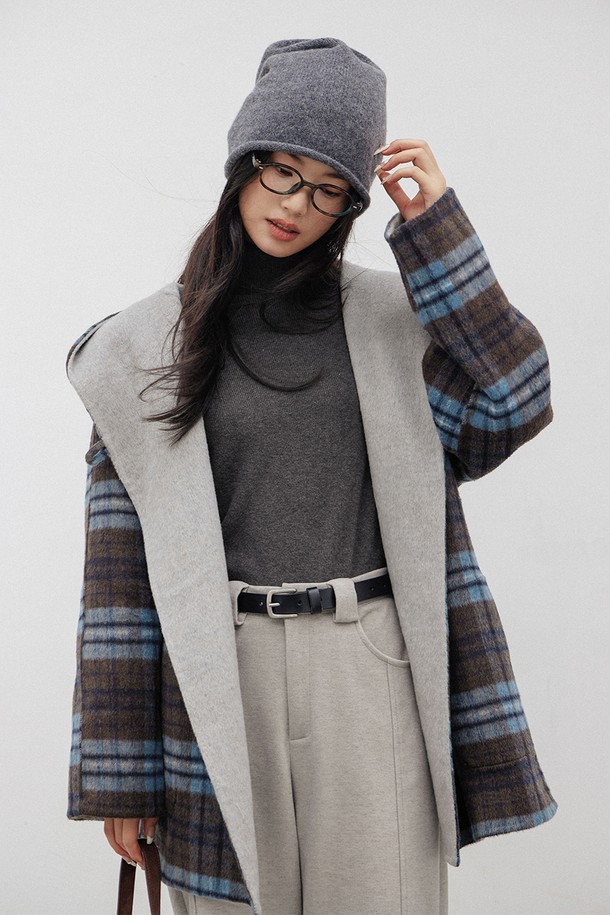 LANGSON - 코트 - LS_Loose hooded wool check coat