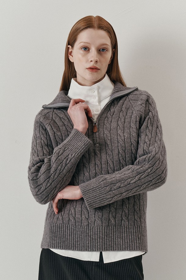 WE'DEE - 스웨터 - WD_Cable half zip up knit top_GRAY