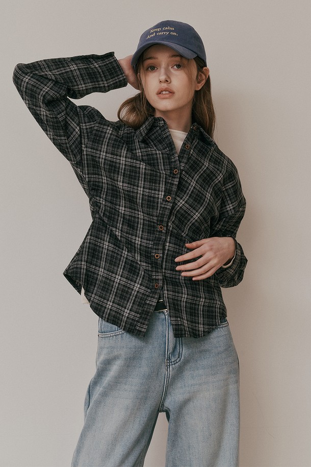 Aei&Rei - 셔츠 - AR_Plaid shirring waist shirt_BLACK