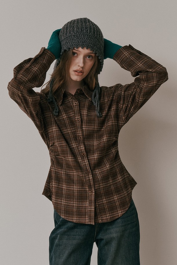 Aei&Rei - 셔츠 - AR_Plaid shirring waist shirt_BROWN