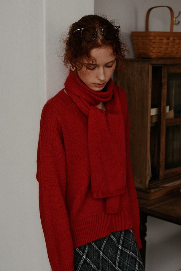 Proud Mary - 스웨터 - PM_Muffler v neck knit top_RED