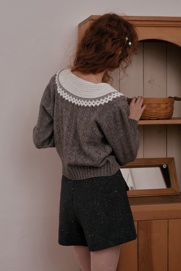 DUNDROP - 가디건 - DD_Lace cute knit cardigan_GRAY