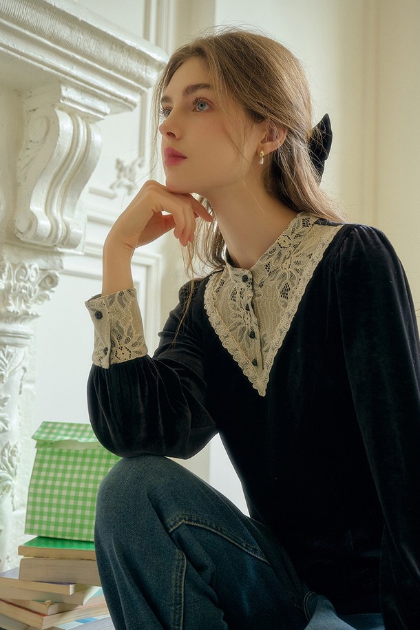 Simple Retro - 긴소매 티셔츠 - SR_Lace patchwork gentle top