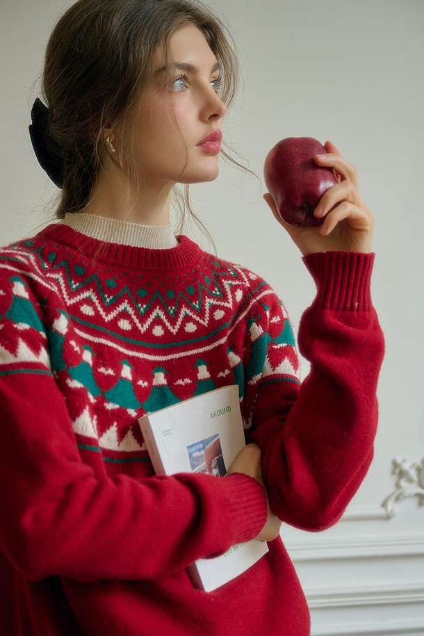 Simple Retro - 스웨터 - SR_Fair isle red knit sweater