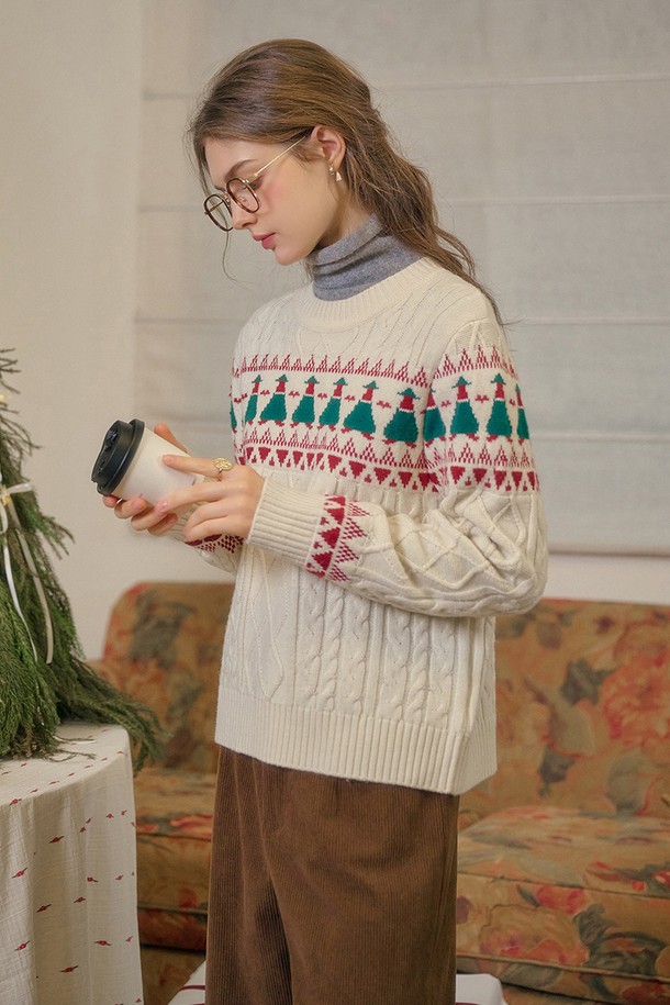 Simple Retro - 스웨터 - SR_Fair isle ivory cable knit sweater