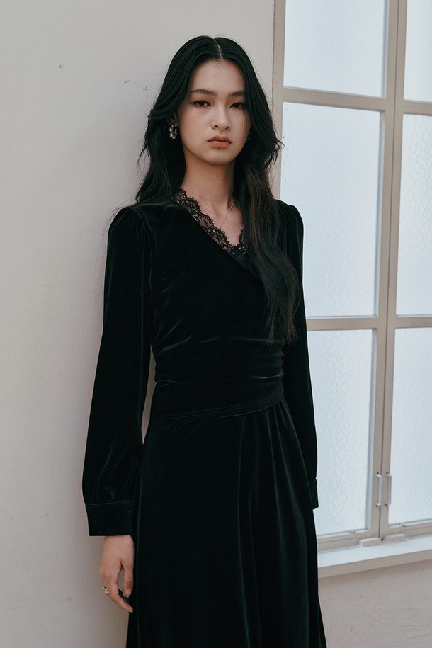 itte - 긴소매 원피스 - IT_Velvet v-neck long sleeves dress