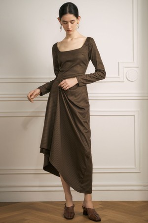 YY_Check square neck unbalance dress