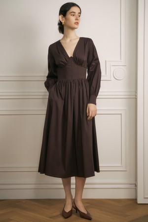 YY_V-neck cotton shirt dress_BROWN