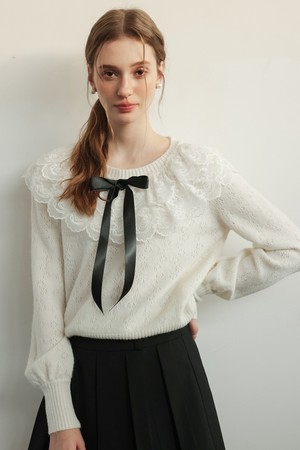 Cest_Layered lace frill knit top